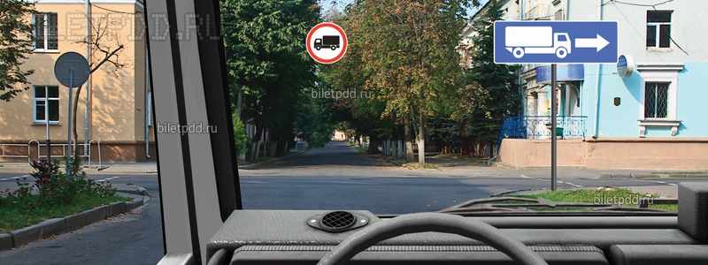 Вы управляете грузовым автомобилем с разрешенной максимальной массой более 3,5 т. В каком направлении Вам разрешено дальнейшее движение?